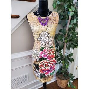 Moa Moa Women's Floral Polyester Round Neck Sleeveless Knee Length Dress Size L